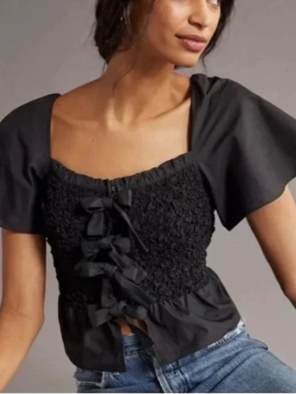 Anthropologie Mare Mare Black Bow Front Smocked Peplum Blouse NWOT - Picture 1 of 7